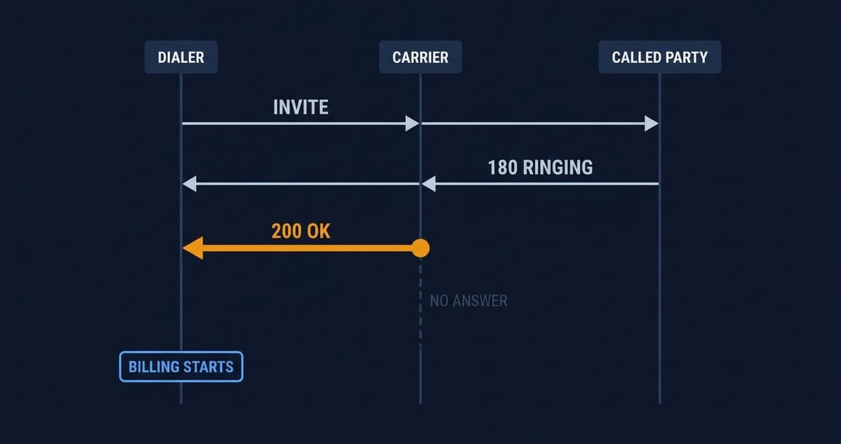 A SIP signalling ladder diagram with three vertical lifelines labelled DIALER on the left, CARRIER in the middle, and CALLED PARTY on the right, showing where carrier false answer supervision occurs. An INVITE travels left to right from the dialer through the carrier toward the called party, and a 180 Ringing provisional response comes back. Then, highlighted in amber, a 200 OK originates at the CARRIER lifeline itself and travels left to the dialer, rather than coming from the called party. The portion of the ladder between the carrier and the called party after that point is drawn as a faint dashed line marked NO ANSWER, showing that the far end never picked up. A small box at the dialer marks that billing and call state begin on receipt of the 200 OK. The point of the diagram is that the answer indication is generated inside the network, so the dialer believes it has a live connection while there is no human and no answering machine on the line, and any audio that follows is silence, an intercept tone, or a recorded network message. No statistics appear in the image.